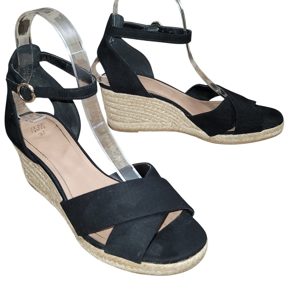 H&M Womens Black Wedge Espadrille Crossover Strap Sz 6 Boho Office Casual Dressy